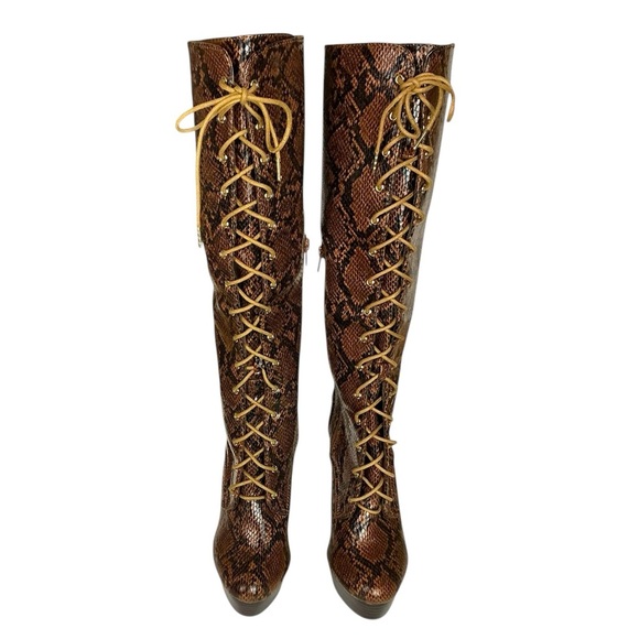 Noela Brown Snakeskin Lace Up Knee High Platform Stiletto Boots Zip Side 7.50 - Picture 3 of 16